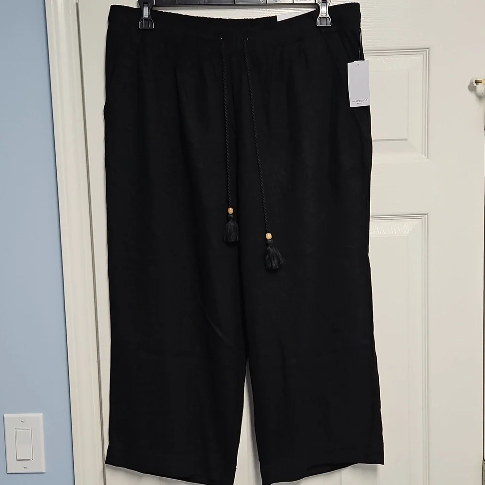 Westbound Linen Blend Mid Rise Straight Leg Lightweight Pant: Black: Size- 2X‎